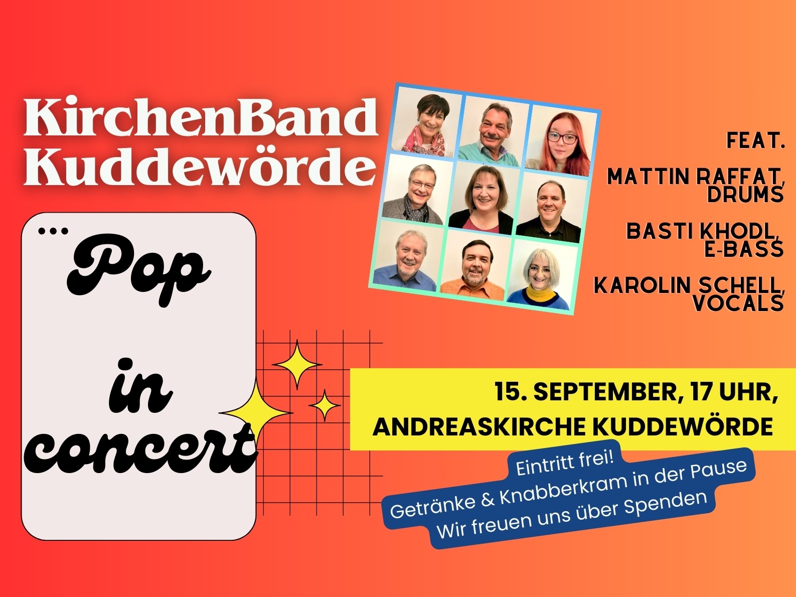 Die Mitglieder der KirchenBand, poppiger orangefarbiger Hintergrund und die Konzertinfos